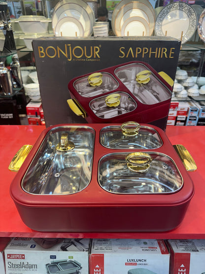 BONJOUR Sapphire 3-in-1 Insulated Chafing Dish | Premium Stainless Steel Hotpot & Casserole with PUF Insulation | Buffet Server with Glass Lids & Golden Handles | Red