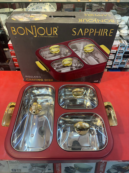 BONJOUR Sapphire 3-in-1 Insulated Chafing Dish | Premium Stainless Steel Hotpot & Casserole with PUF Insulation | Buffet Server with Glass Lids & Golden Handles | Red