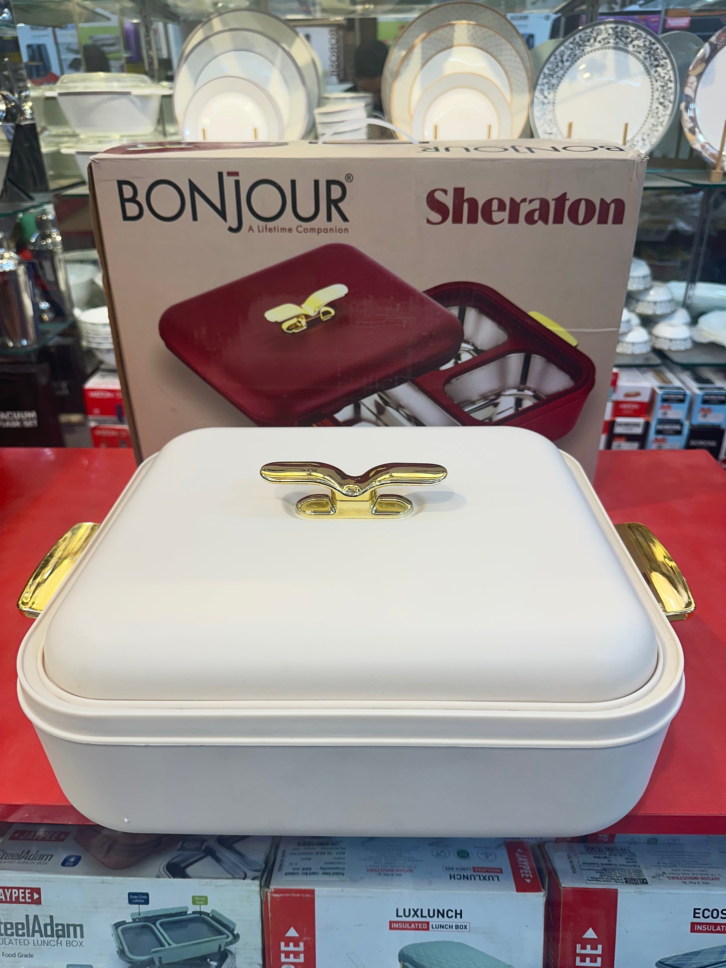 BONJOUR Sheraton 3-in-1 Insulated Chafing Dish | Premium Stainless Steel Hotpot & Casserole with PUF Insulation | Buffet Server with Lock Lid & Golden Handles | White