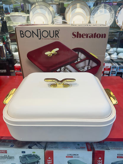 BONJOUR Sheraton 3-in-1 Insulated Chafing Dish | Premium Stainless Steel Hotpot & Casserole with PUF Insulation | Buffet Server with Lock Lid & Golden Handles | White