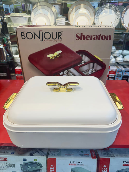 BONJOUR Sheraton 3-in-1 Insulated Chafing Dish | Premium Stainless Steel Hotpot & Casserole with PUF Insulation | Buffet Server with Lock Lid & Golden Handles | White