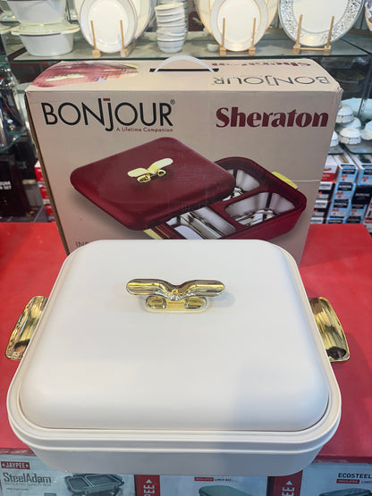 BONJOUR Sheraton 3-in-1 Insulated Chafing Dish | Premium Stainless Steel Hotpot & Casserole with PUF Insulation | Buffet Server with Lock Lid & Golden Handles | White