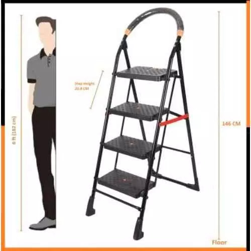 Alnico 4 Steps Black Steel And Virgin Plastic Single Purpose Front Step Adjustable Ladder, KPL 4