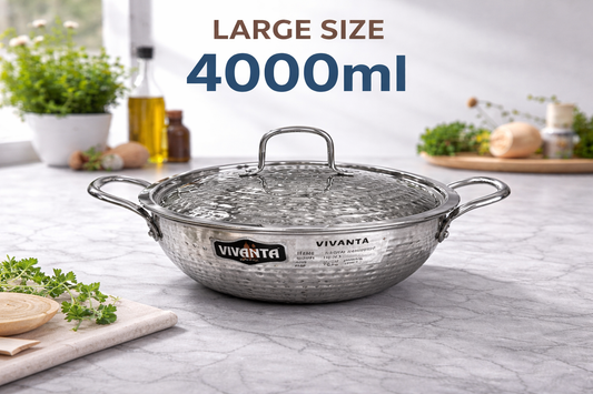 Vivanta 28cm Triply Stainless Steel Kadhai (4.8 Litre) with Glass Lid | Hammered Finish | Induction & Gas Compatible | Heavy Bottom Cookware