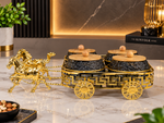 Luxury 4-Piece Dry Fruit Box Set with Wooden Lids & Ornate Golden Carriage Stand | Decorative Dry Fruit Serving Set for Home, Diwali & Gifting
