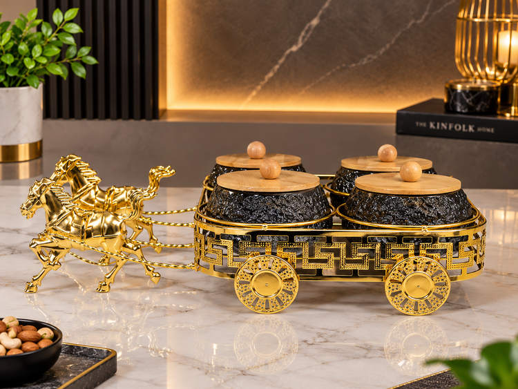 Luxury 4-Piece Dry Fruit Box Set with Wooden Lids & Ornate Golden Carriage Stand | Decorative Dry Fruit Serving Set for Home, Diwali & Gifting