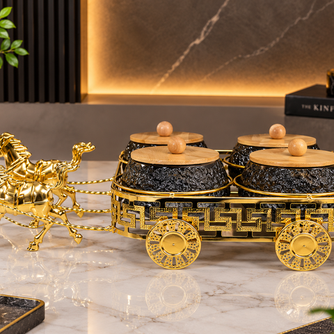 Luxury 4-Piece Dry Fruit Box Set with Wooden Lids & Ornate Golden Carriage Stand | Decorative Dry Fruit Serving Set for Home, Diwali & Gifting