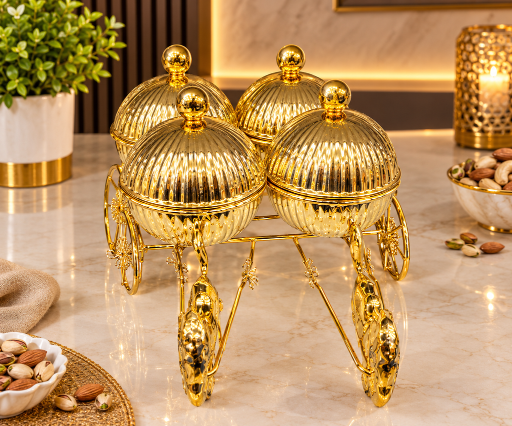Luxury Golden Horse Carriage Dry Fruit Box Set | 4-Piece Decorative Dry Fruit Storage Containers with Royal Carriage Stand | Premium Gift & Home Décor