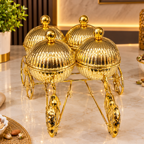 Luxury Golden Horse Carriage Dry Fruit Box Set | 4-Piece Decorative Dry Fruit Storage Containers with Royal Carriage Stand | Premium Gift & Home Décor