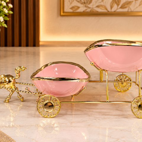 Luxury Golden Horse Carriage Dry Fruit Serving Set with Pink Bowls | Royal Decorative Dry Fruit Box for Home, Diwali & Gifting