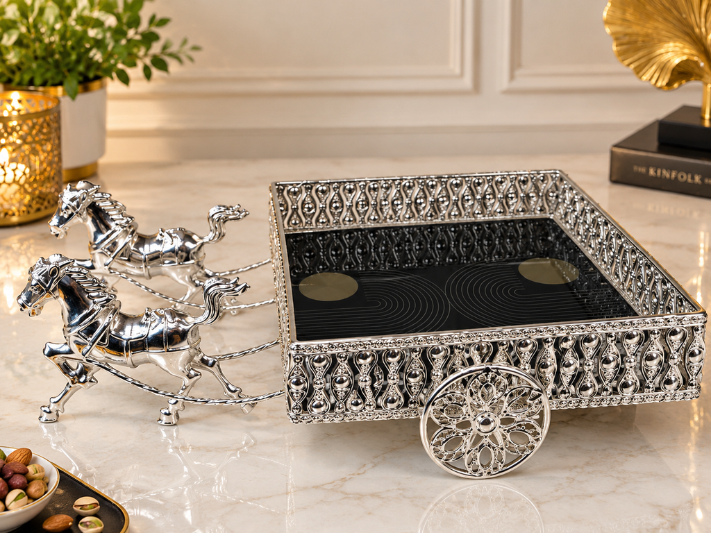 Luxury Horse Carriage Dry Fruit Box Set with 4 Transparent Glass Jars & Stainless Steel Lids | Royal Decorative Dry Fruit Serving Set | Premium Festive & Wedding Gift