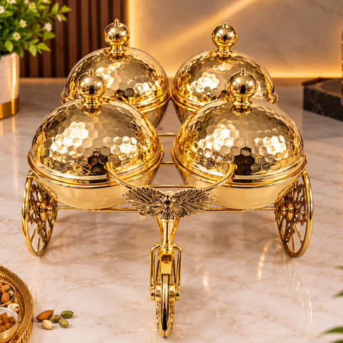 Luxury Golden Carriage Dry Fruit Box Set | 4-Piece Decorative Dry Fruit Serving Tray with Lidded Bowls | Royal Tabletop Gift & Home Décor