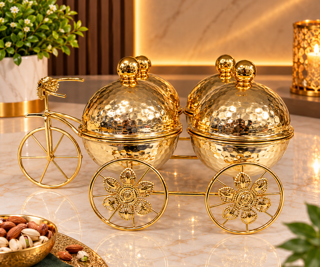 Luxury Golden Carriage Dry Fruit Box Set | 4-Piece Decorative Dry Fruit Serving Tray with Lidded Bowls | Royal Tabletop Gift & Home Décor
