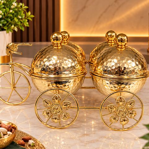 Luxury Golden Carriage Dry Fruit Box Set | 4-Piece Decorative Dry Fruit Serving Tray with Lidded Bowls | Royal Tabletop Gift & Home Décor