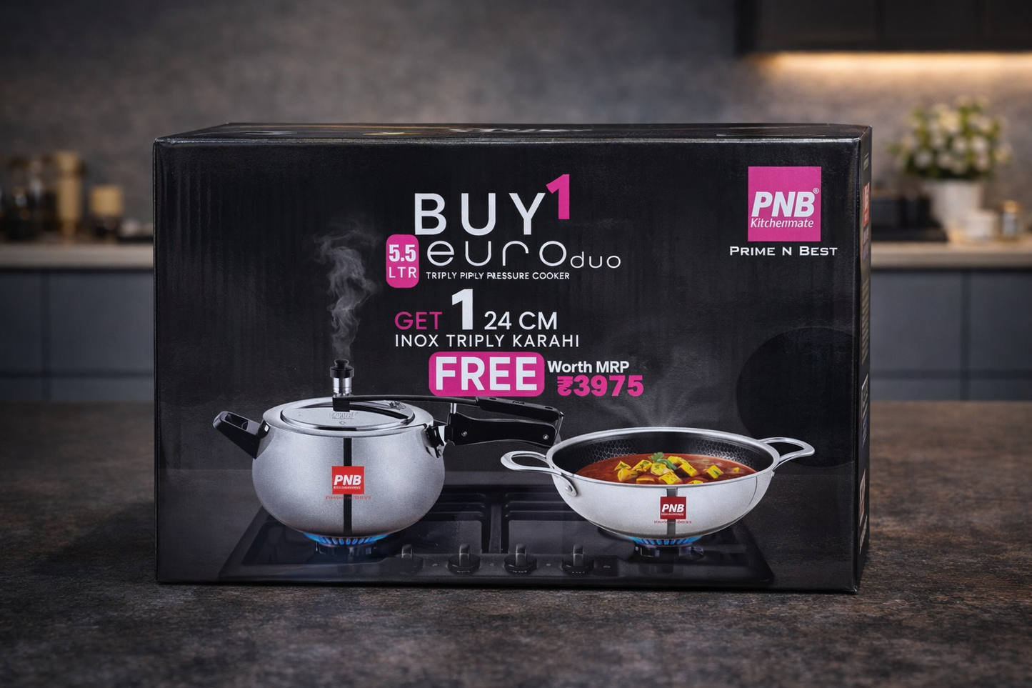 PNB Kitchenmate Euro Duo 3 Litre Triply Stainless Steel Pressure Cooker with Free 22 cm Triply Honeycomb Coated Kadhai | Induction & Gas Compatible | Premium Cookware Combo