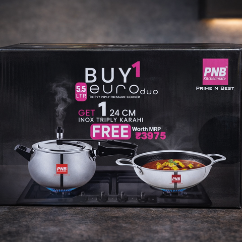 PNB Kitchenmate Euro Duo 3 Litre Triply Stainless Steel Pressure Cooker with Free 22 cm Triply Honeycomb Coated Kadhai | Induction & Gas Compatible | Premium Cookware Combo