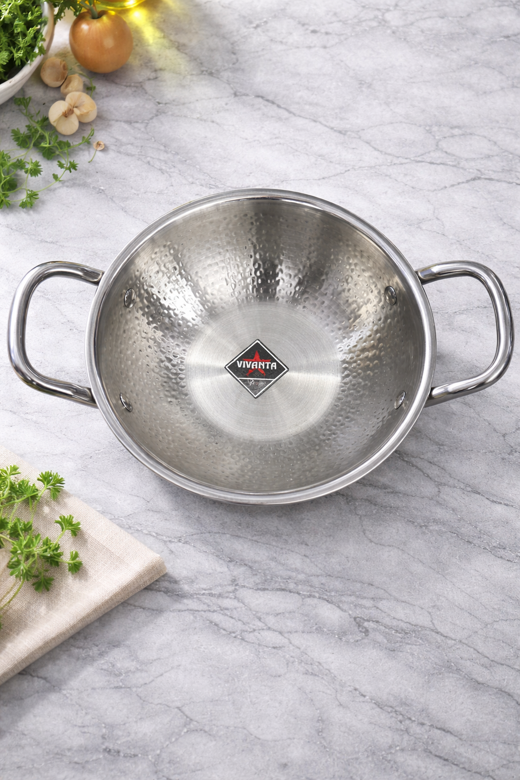 Vivanta 18cm Triply Stainless Steel Kadhai (1.5 Litre) with Glass Lid | Hammered Finish | Induction & Gas Compatible | Heavy Bottom Cookware