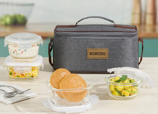 Borosil Pro Universal Glass Lunchbox, 320ml x 2 + 240ml x 2