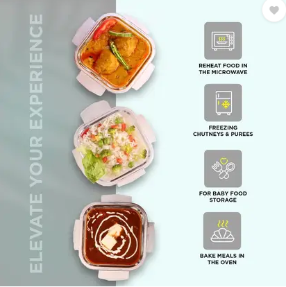 Oliveware Contra Glassware Lunch Box 3x320ml, Microwave safe & Borosilicate Glass 3 Containers Glass Office Lunch Box (960 ml)
