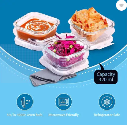 Oliveware Contra Glassware Lunch Box 3x320ml, Microwave safe & Borosilicate Glass 3 Containers Glass Office Lunch Box (960 ml)