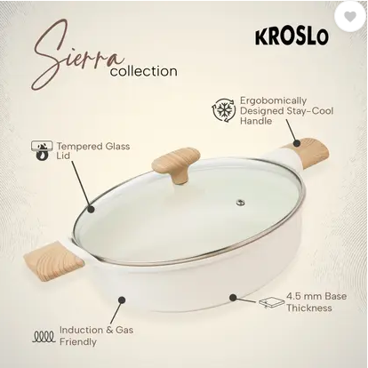 KROSLO Cookware Sierra Nonstick 24cm(4.2Ltr) Saute Pot Cook & Serve Pot with Tempered Glass Lid Induction Bottom Non-Stick Coated Cookware Set (Aluminium, 1 - Piece)