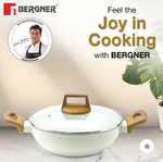 Bergner Naturally Cast Aluminum 24cm (2 L) Kadai with Glass Lid, Marble Non-Stick Coating, Less Oil Use, Scratch Resistant Kadhai, Soft Touch Stylish Handles - Induction Bottom, Free Non-Woven Trivet