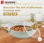 Bergner Naturally Cast Aluminum 24cm (2 L) Kadai with Glass Lid, Marble Non-Stick Coating, Less Oil Use, Scratch Resistant Kadhai, Soft Touch Stylish Handles - Induction Bottom, Free Non-Woven Trivet