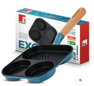 BERGNER Excalibur Lightweight Cast Iron 18cm Breakfast Pan, Sturdy Wooden Handle, Non-Stick Coating, PFAS Free, Perfect Heat Distribution, Elegant Design - Induction Compatible (Blue)