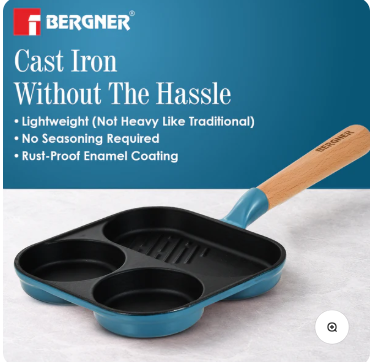 BERGNER Excalibur Lightweight Cast Iron 18cm Breakfast Pan, Sturdy Wooden Handle, Non-Stick Coating, PFAS Free, Perfect Heat Distribution, Elegant Design - Induction Compatible (Blue)