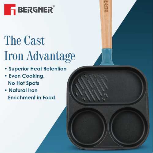 BERGNER Excalibur Lightweight Cast Iron 18cm Breakfast Pan, Sturdy Wooden Handle, Non-Stick Coating, PFAS Free, Perfect Heat Distribution, Elegant Design - Induction Compatible (Blue)
