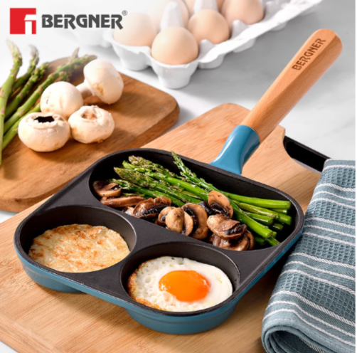 BERGNER Excalibur Lightweight Cast Iron 18cm Breakfast Pan, Sturdy Wooden Handle, Non-Stick Coating, PFAS Free, Perfect Heat Distribution, Elegant Design - Induction Compatible (Blue)
