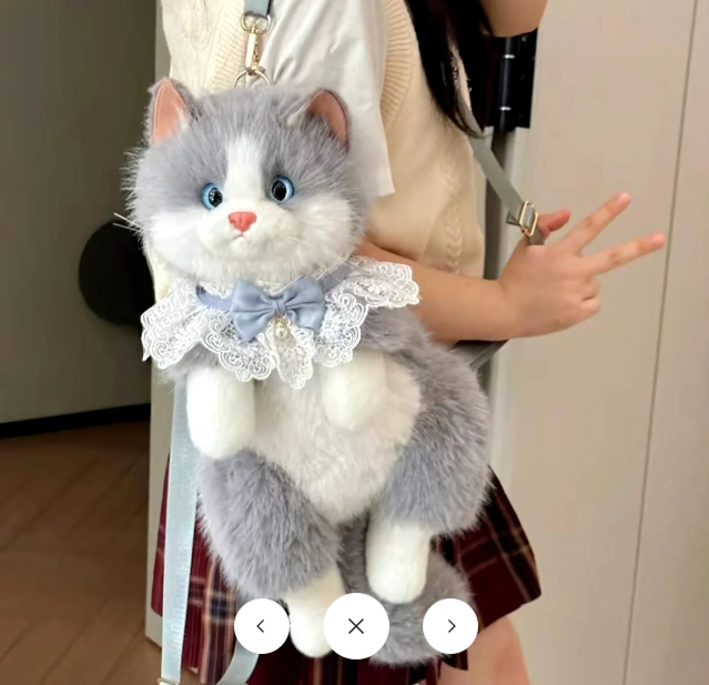 Realistic Grey & White Plush Ragdoll Cat Backpack | Soft Faux Fur Stuffed Cat Shoulder Bag with Lace Bow | Cute School, Travel, Cosplay & Birthday Gift