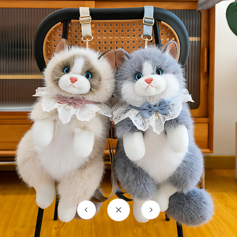 Realistic Grey & White Plush Ragdoll Cat Backpack | Soft Faux Fur Stuffed Cat Shoulder Bag with Lace Bow | Cute School, Travel, Cosplay & Birthday Gift