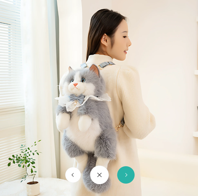 Realistic Grey & White Plush Ragdoll Cat Backpack | Soft Faux Fur Stuffed Cat Shoulder Bag with Lace Bow | Cute School, Travel, Cosplay & Birthday Gift