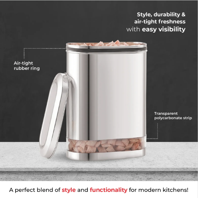JVL 2750ML Stainless Steel Kitchen Storage Container, Capsule Shape Galaxy Clear Canister with Unbreakable Steel Lid - Durable and Elegant Food Storage Jar for Spices, Snacks, Grains