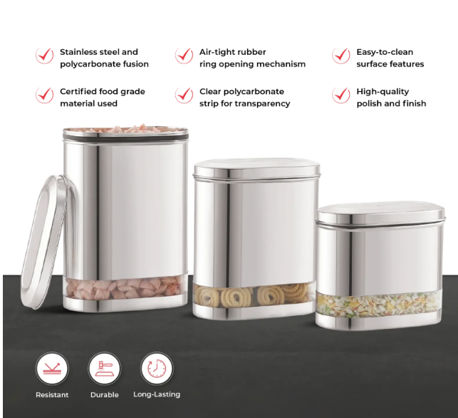 JVL 2000ML Stainless Steel Kitchen Storage Container, Capsule Shape Galaxy Clear Canister with Unbreakable Steel Lid - Durable and Elegant Food Storage Jar for Spices, Snacks, Grains