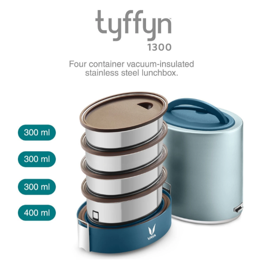 VAYA TYFFYN Jumbo Lunch Box for Office for Men,with Polished Stainless Steel Containers,1300Ml Vacuum Insulated Hot Lunch Box Without Bagmat,Leakproof Hot Tiffin Box with 4 Compartments, Blue
