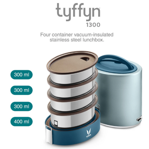 VAYA TYFFYN Jumbo Lunch Box for Office for Men,with Polished Stainless Steel Containers,1300Ml Vacuum Insulated Hot Lunch Box Without Bagmat,Leakproof Hot Tiffin Box with 4 Compartments, Blue