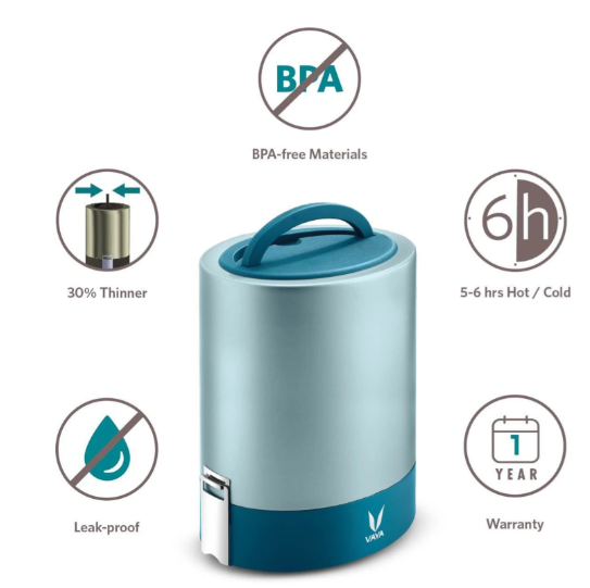 VAYA TYFFYN Jumbo Lunch Box for Office for Men,with Polished Stainless Steel Containers,1300Ml Vacuum Insulated Hot Lunch Box Without Bagmat,Leakproof Hot Tiffin Box with 4 Compartments, Blue