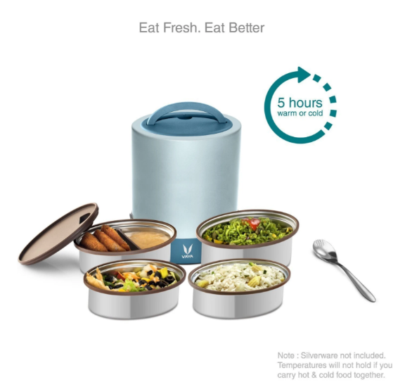 VAYA TYFFYN Jumbo Lunch Box for Office for Men,with Polished Stainless Steel Containers,1300Ml Vacuum Insulated Hot Lunch Box Without Bagmat,Leakproof Hot Tiffin Box with 4 Compartments, Blue
