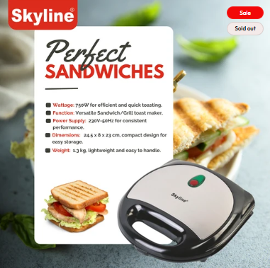 Skyline 750W 2-Slice Sandwich & Grill Toaster – Quick, Crispy, and Delicious Every Time!