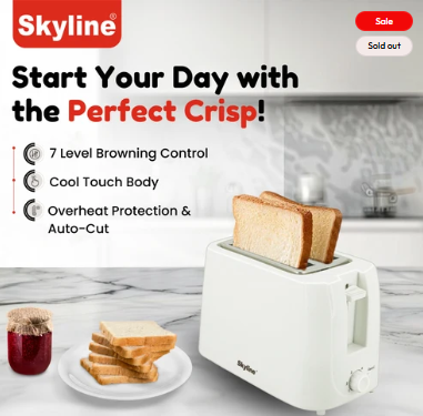 Skyline 750W 2-Slice Pop-Up Toaster with 7 Browning Levels & Cool Touch Body