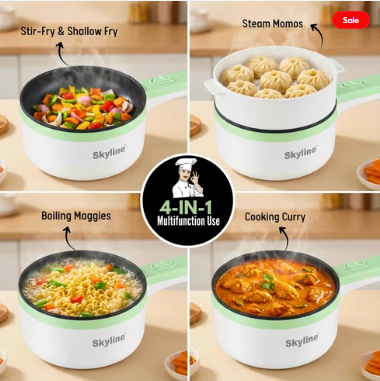 Skyline Multifunction Electric Pan 600–1500W – Fry, Steam, Boil & Cook with Steamer Attachment