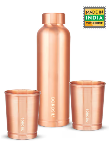 Borosil Eco Copper Bottle With Glass Set 1L Bottle With 250Ml X 2 Copper Tumbler