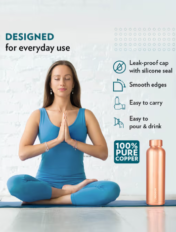 Borosil Eco Copper Bottle With Glass Set 1L Bottle With 250Ml X 2 Copper Tumbler