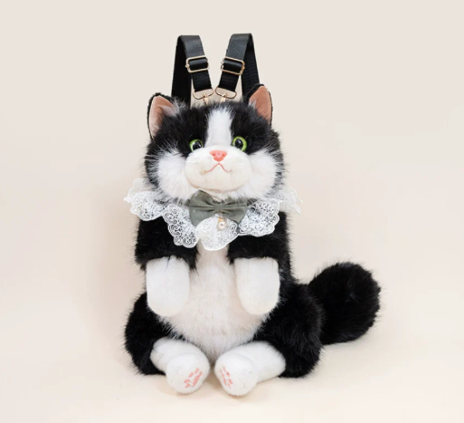 Realistic Black & White Plush Ragdoll Cat Backpack | Soft Faux Fur Stuffed Cat Shoulder Bag with Lace Bow | Cute School, Travel, Cosplay & Birthday Gift