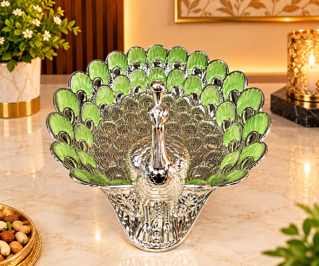 Luxury Peacock Dry Fruit Bowl | Silver Finish Decorative Dry Fruit Serving Tray with Green Enamel Detailing | Premium Tabletop Gift &amp; Home Décor