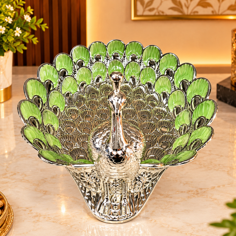 Luxury Peacock Dry Fruit Bowl | Silver Finish Decorative Dry Fruit Serving Tray with Green Enamel Detailing | Premium Tabletop Gift & Home Décor