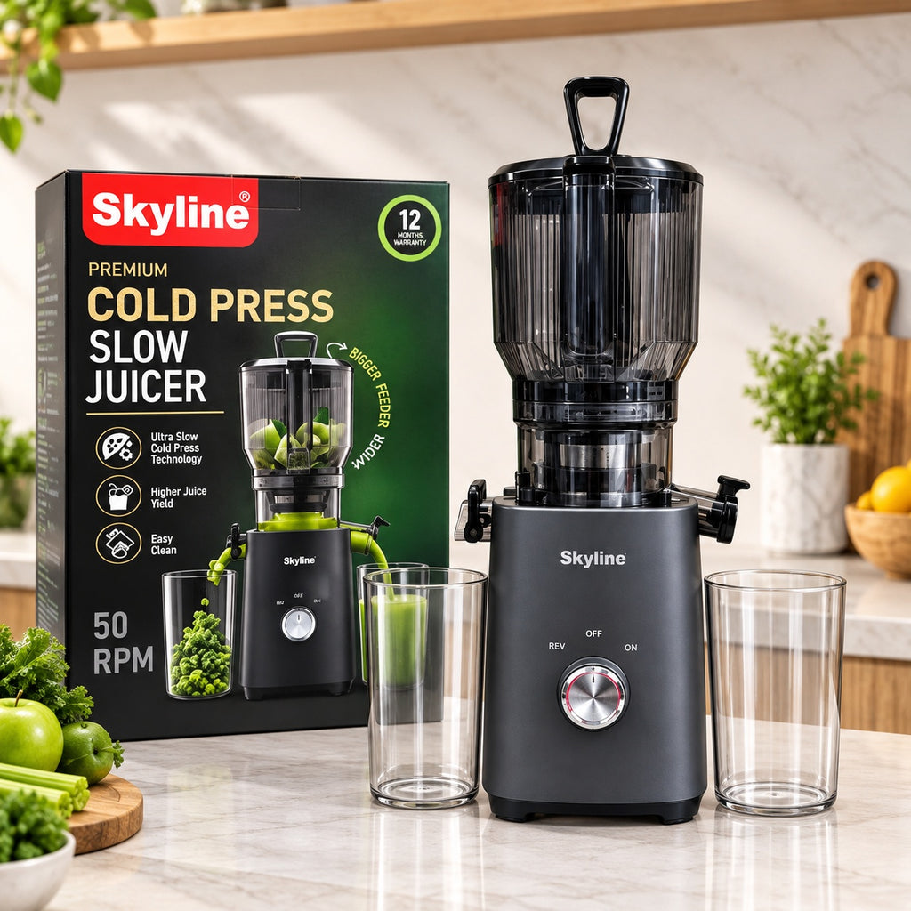 Skyline Premium Cold Press Slow Juicer 200W | 50 RPM Ultra Slow Juicer with 130mm Large Feeder, SS Filter, 700ml Juice Capacity | Model VTL-7799 | 1 Year Warranty