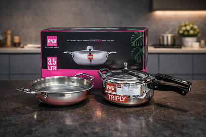 PNB Kitchenmate Euro Duo 3.5 Litre Triply Stainless Steel Pressure Cooker with Free 22 cm Triply Honeycomb Coated Kadhai | Induction & Gas Compatible | Premium Cookware Combo